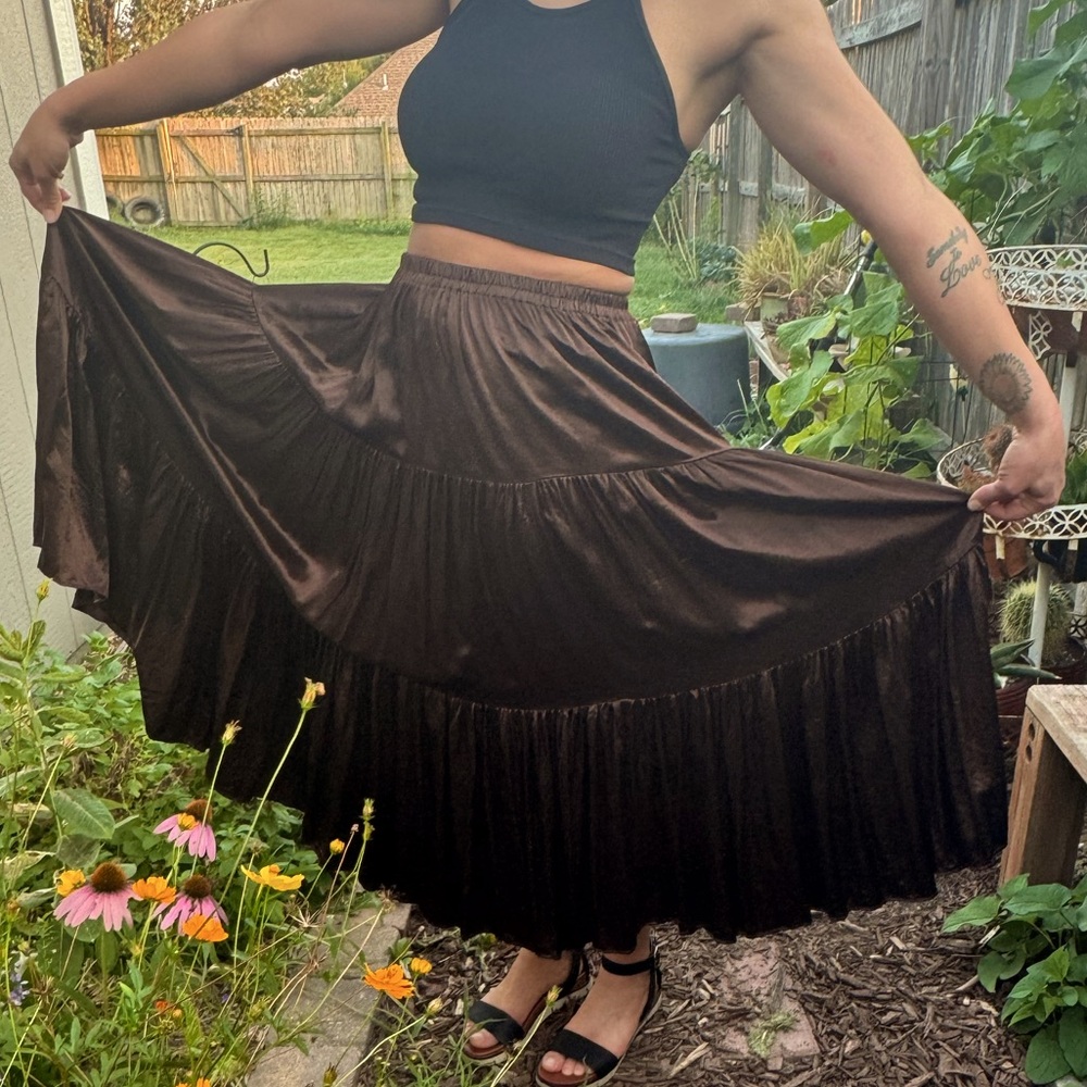 Vintage Double D Ranch Brown Pleated Elastic Waist Skirt Size XS 24-25 Waist EUC